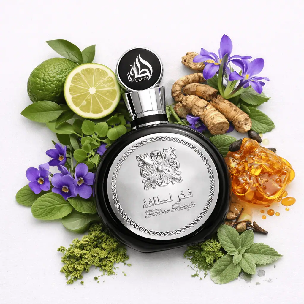 Lattafa Fakhar Homme Eau de Parfum 100ml - Herrenduft mit Bergamotte, Orris & Patchouli - Frisch & Elegant 4 Lattafa Fakhar along with notes laying
